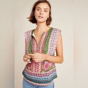 Anthropologie Floral Green Sleeveless Embroidered Top